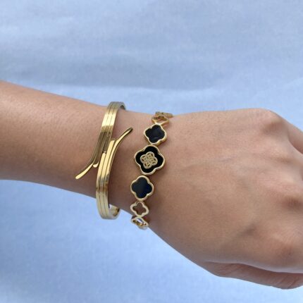 Bracelet Stack (Set of 2)- Midnight Clover & Golden Minimal Wrap Bracelet