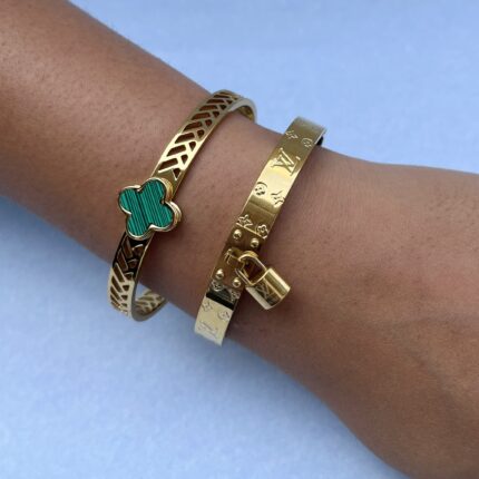 Bracelet Stack (Set of 2)- Green Clover & Golden Lock Charm Bracelet